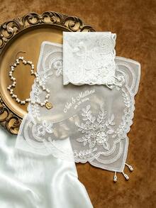 Custom Embroidered Wedding Handkerchief, Personalized Names Date Lace Bridal Handkerchief, Vintage Pearl Tassel Wedding Keepsake Hanky For Bride - Multicolor - View 7