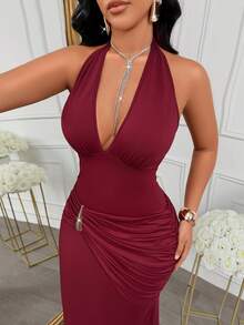 AIJ Fall Women's Long Dress, Legant Bodycon Fit With Ruched Bust,Slit In Stretchy Fabric For Formal Night Out Wedding Guest Party Dress Elegant Red - Red - View 6
