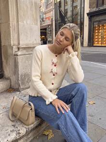 Women's Cute Knitted Cardigan, Long Sleeve Ribbed Asymmetric Hem Top With Heart-Shaped Buttons And Ruffle Trim, Casual Autumn/Winter Outfit - Apricot - View 4