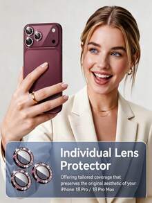 3pcs [2027 New] 9H Aviation Grade Tempered Glass Camera Lens Protector, Compatible With IPhone 18 Pro Max/18 Pro, Invisible Fit, Anti-Pixelation, High Definition Transparent, Independent Metal Ring, Scratch-Resistant Bubble-Free Easy Installation, Compatible With Phone Case, Birthday Gift (Wine Red) - Burgundy - View 4