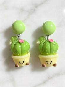 1 Pair Cartoon Cute Resin Cactus Earrings, Personalized Exaggerated Versatile Fashion Sweet Quirky, Suitable For Girls Dating, Vacation, Party, Gathering Outfit Wear - Multicolor - View 5