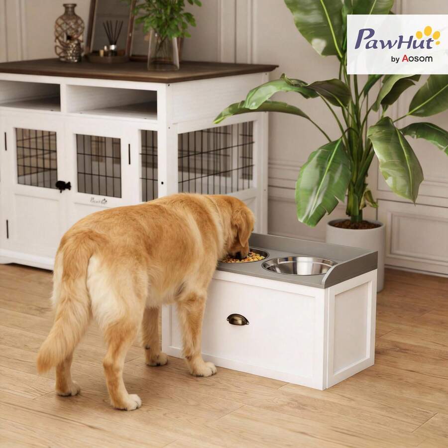PawHut Raised Dog Bowl With Stand For Large Dogs 36 Cm High White | Feeding Bowl, Food Bowl With Drawer, 2 Stainless Steel Bowls, Feeding Station - 2L White - View 1