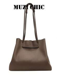 Women's Litchi Texture Soft Leather Drawstring Tote Bag, Large Capacity Shoulder Bag, Minimalist Versatile Commuter Handbag For Office And Daily Wear - Grey - View 5
