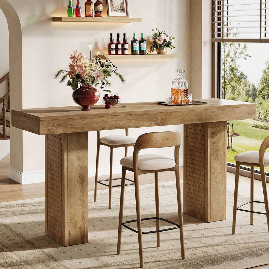 LITTLE TREE 180cm Farmhouse Bar Table‑4‑6 Seater‑Wood Finish‑Counter Height‑Versatile Pub Table For Kitchen Home Bar - Light Brown - View 1
