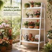 Estante para Plantas em Formato de Escada Quatro Níveis Cor Branco Cremoso, Aço Carbono Reforçado com Pintura Anti-ferrugem, Dimensões 60*35*150cm, Base Ampla Antiderramamento para Varandas e Jardins - EstantePlantas-4AndaresEscada-Branco - Visão 8