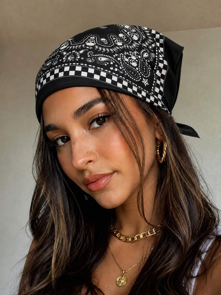 1 Peça Lenço de Cabeça Feminino com Estampa de Padrão Paisley e Caveira de Caju, Estilo Casual Simples, Versátil para Uso Diário, Decoração de Halloween, Faixa de Cabelo em Denim, Estilo Boêmio, Adequado para Todas as Estações, Acessório Gótico - A-Preto - Visão 1