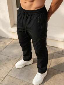 بنطال كارجو رياضي كاجوال عصري برباط سحب للرجال، جديد للربيع/الخريف، مناسب للجنسين - الأسود - مشاهدة 2