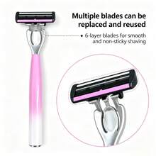 High-Quality Gradient Color Women's Manual Shaving Set With 6/12/18/24 Replacement 6-Layer Stainless Steel Razor Blades, Washable Razor For Intimate Areas, Underarm Hair, Leg Hair, Shaving Tool, Body Grooming Razor, Men's Shaving Razor, Beard Razor, Daily Hair Trimming, Premium Travel Choice - 1 Gradient Blue Handle + 6 Replacement Blades - View 5