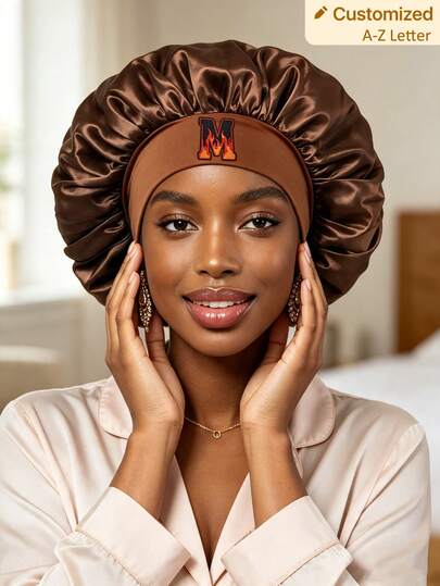 1pc Brown Satin Wide Brim Sleep Cap Flame Letter A-Z Print Women Hair Care Beauty Cap Anti-Friction Hair Protection Sleep Cap Suitable For Curly Hair Care And Postpartum Use