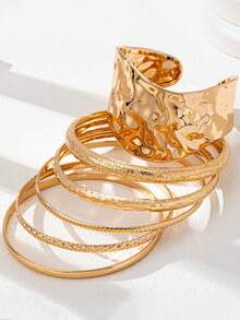6pcs Vintage Elegant Exaggerated Casual Style Women's Metal Plate And Ring Bracelets, Suitable For Daily Wear, Parties, Weddings, Vacations And Gifts - Gold - View 6