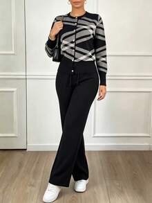 Conjunto mujer 2 piezas: suéter manga larga y pantalones largos, diseño moderno, tejido suave abrigado para otoño‑invierno, look elegante y acogedor. - Negro - Ver 3