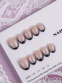 10 Peças Unhas Postiças Quadradas Curtas Feitas à Mão, Nude com Pontas Francesas Pretas, Unhas Falsas Minimalistas & Elegantes, Adequadas para Festa e Uso Diário, Inclui Conjunto de Ferramentas, Presente Requintado para Mulheres - Preto - Visão 2