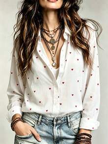 Women's Casual All Over Print Heart Button Front Shirt Collar Long Sleeve Shirt Business Office Home Vacation Holiday Spring Autumn Winter - White - View 10