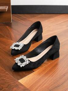 Women's High Heel Pumps With Thick Heel And Pointed Toe, Business Commute Professional High Heel Shoes, French Elegant Glamorous High Heels, Simple Versatile Everyday Plus Size Women's Shoes - Black - View 5