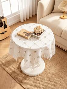 HXARTMIS 1PC White Square Lace Tablecloth, Diamond Embroidery Hollow Out With Tassel Lace Trim Table Cover, Romantic Style Round Coffee Table Side Table Home Decor Tablecloth - White - View 2