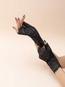 1 Pair New Wavy Edge Rose Lace Fingerless Gloves, Dark Style Photography & Party Decorative Gloves - Black - View 2