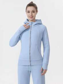 Lululemon Women's Scuba Full-Zip Hoodie Classic Hooded Jacket Fit Track Jacket Full Zip Outerwear Breathable Warm Athletic Sweatshirt With Thumbholes - 亞麻藍 - 查看 1
