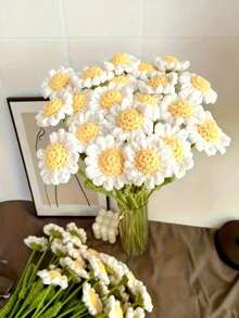 6pcs Handmade Crochet Daisy Bouquet, Realistic Artificial Flower Bouquet, Charming White And Yellow Fabric Flowers, Vibrant Colors, Versatile Use For Home, Car, Office, Holiday Seasonal Decor - Perfect For Valentine's Day, Mother's Day, Thanksgiving, Wedding, Birthday - Polyester, Bouquet Accessories, Bouquet Accessories Gift - Multicolor - View 3