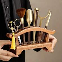 1pc Walnut Wood Tea Set Storage Rack, Six Gentlemen Tea Utensil Holder, Tea Art Decor, Makeup Brush Storage Display Stand, Suitable For Tea Room, Vanity, Desktop Organization - Mocha Brown - View 3