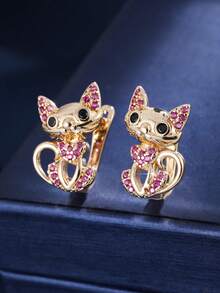1 Pair Creative Cat Shaped Copper Material Zirconia Inlaid Women's Earrings, Daily Commute, Party, Gathering Accessories - Earrings - View 15