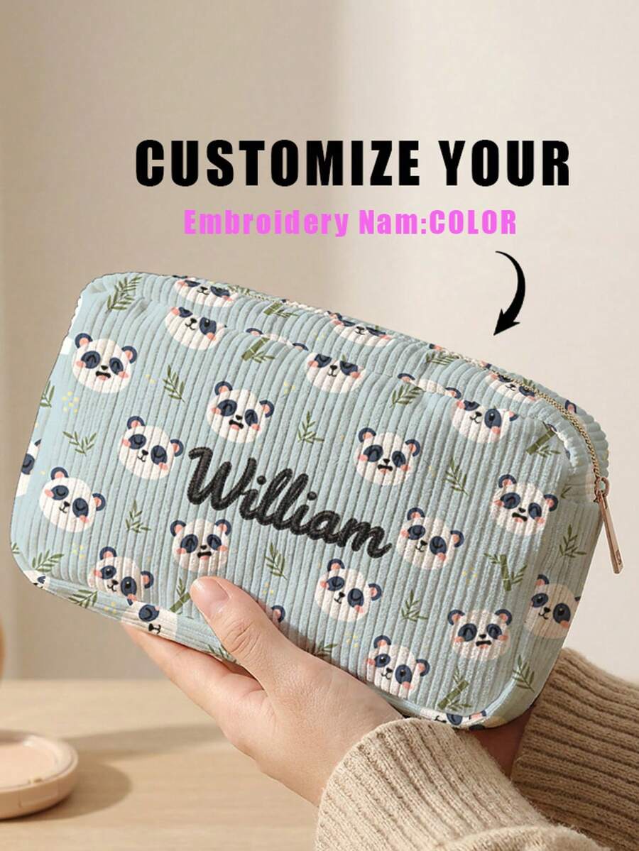 1pc Customizable Embroidered Name/Text Corduroy Makeup Bag, Cartoon Animal Pattern Double-Sided Print Travel Portable Cosmetic Storage Bag Multifunctional Zipper Makeup Bag Wallet, Perfect For Children's Skincare Storage, Can Be Customized According To Your Name - Multicolor - View 1