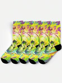 Cool 360° Printed Men's Socks - Streetwear Socks,Colorful Flower Skull,Undead Art Style,Colorful,Funny Socks, Fit Daily, Holiday & Party Occasions - Green - View 4