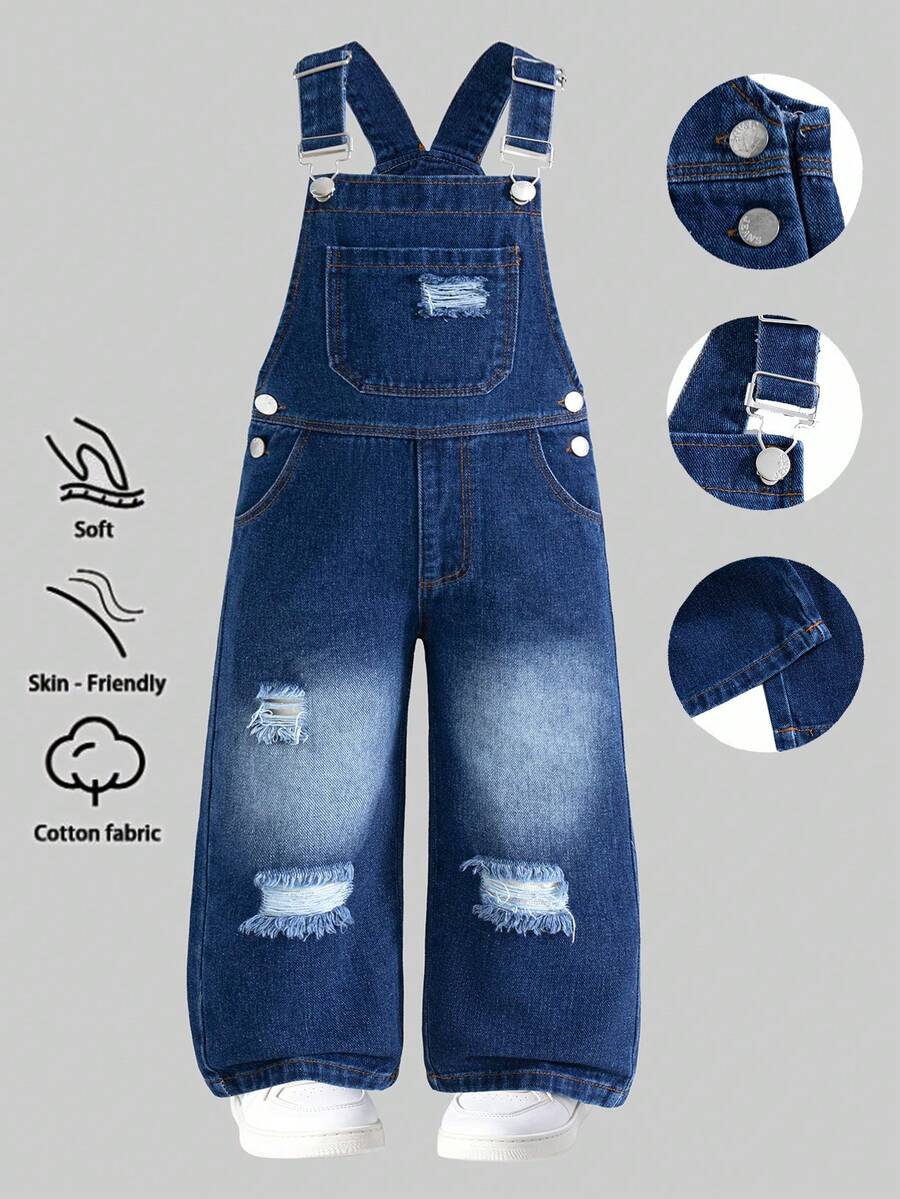 Overall Denim Biru Tua untuk Anak Laki-Laki, Celana Jeans Kaki Lebar dengan Ujung yang Robek, Tali Bahu yang Dapat Diatur, Saku Depan, Gaya Baru untuk Pakaian Sekolah dan Aktivitas Luar Ruangan Sehari-hari - Biru - View 1