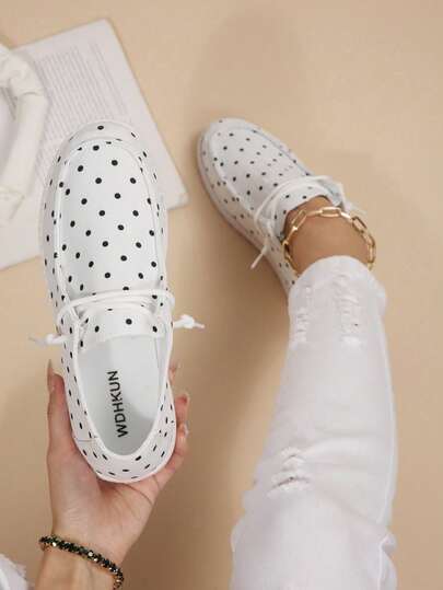 Women's Polka Dot Slip‑On White Sneakers, Stylish Low‑Top Lightweight Casual Trainers, Versatile Boat Shoes For Daily Commute & Outdoor Activities