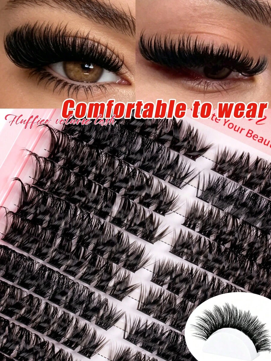 192 Pcs Fluffy Thick Cluster False Lashes, 100D D‑Curl Individual Lashes, 10‑18mm Lightweight Thin Lash Clusters, For Daily, Home, Party, Music Festival, Halloween & Christmas Makeup,Fake Lashes,Cat Eye Lashes,Style Left & Right Eye Lash Clusters - D - View 1