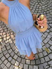 Elegant Fashionable Blue Halter Neck Backless Layered Ruffle Mini Dress - Wedding Party Fall - Baby Blue - View 9