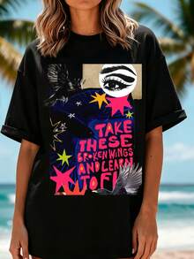 Locker-Fit T-Shirt With Collage Art Print Featuring Birds And Lettering, For Casual And Festival Occasions - 黑色 - 查看 1