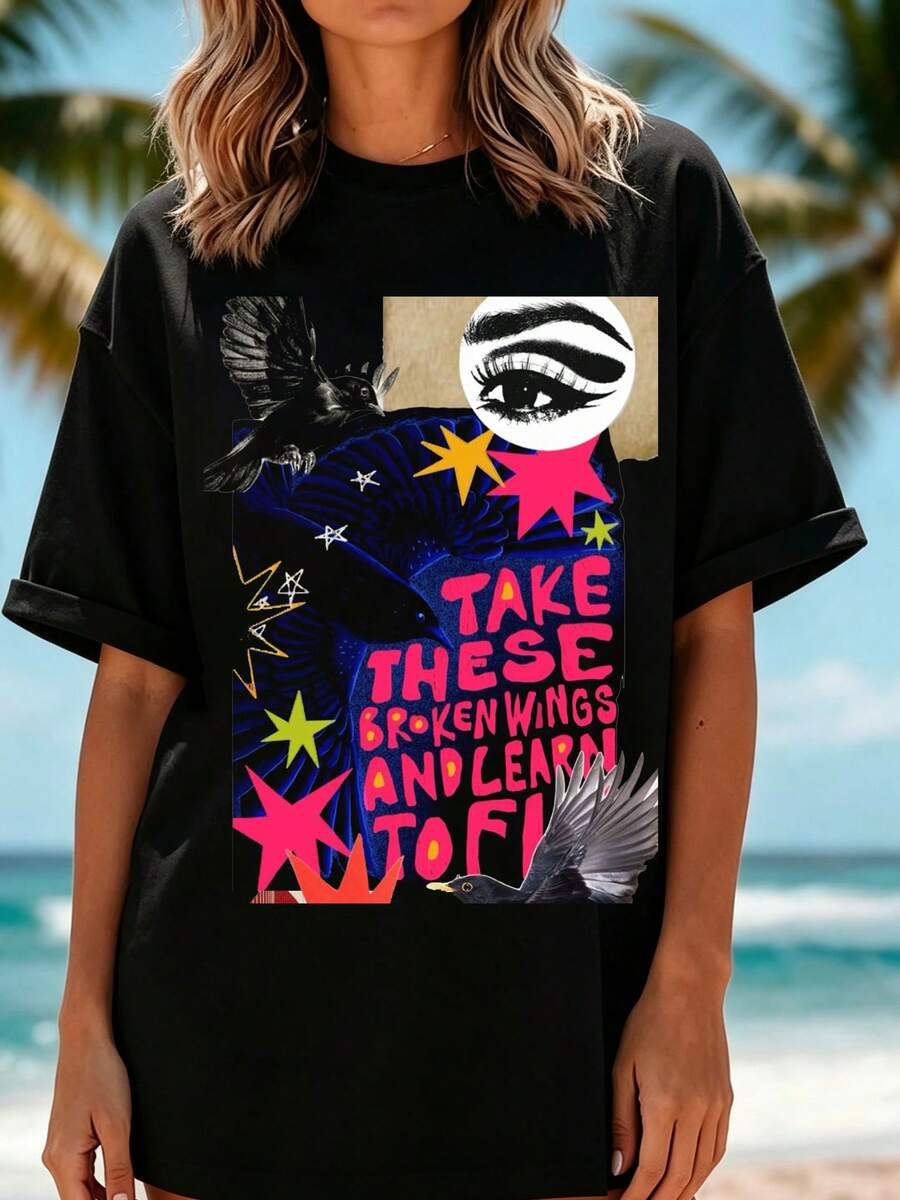Locker-Fit T-Shirt With Collage Art Print Featuring Birds And Lettering, For Casual And Festival Occasions - 黑色 - 查看 1