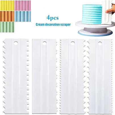 4pcs White Long Cake Scraper Set, Double-Sided Cake Cream Scraper With Multiple Styles Wave Serrated Square Pattern, Home Baking DIY Birthday Cake Side Decoration Tool, Plastic Cream Trimming Scraper For Beginner Cake Decorating And Texture Making, Kitchen Baking Accessories