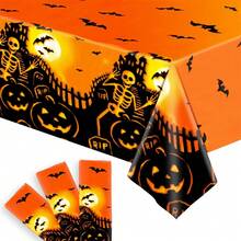 1/3pcs Orange Pumpkin Castle Orange Plastic Rectangular Tablecloth 54x108inch Pumpkin Bat Skeleton Print, Skeleton Table Runner For Halloween Dining Table Decoration, Indoor/Outdoor Party Tablecloth - Multicolor - View 8