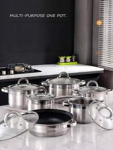 3‑Piece /6‑Piece Cookware Set Optional, Thickened Food‑Grade Stew & Stock Pots, Heat‑Resistant Glass Lid Design, Heat‑Resistant Anti‑Scald Handles, Polished Silver Metal Finish, Glass Lids With Vent Holes, Must‑Have Kitchen Essentials - View 5