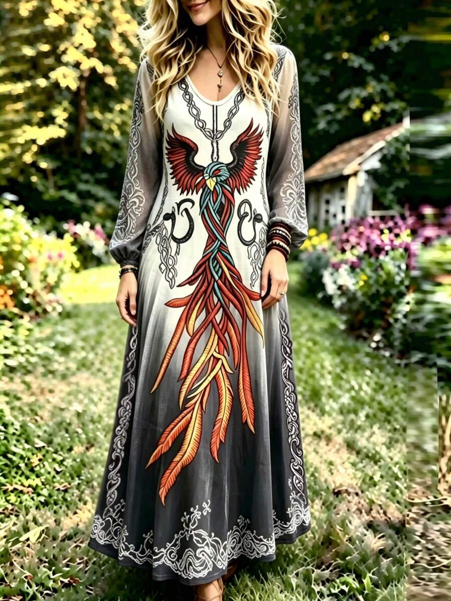Plus Size Women's Gradient Phoenix Bohemian Style Maxi Dress, Long Puff Sleeve V-Neck Loose Fit Elegant - Grey - View 1