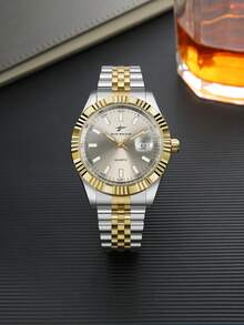 RICECGO 1pc Men's Fashion Steel Band Business Quartz Watch With Calendar, Holiday Gift, Adjustable Strap - Silver and Gold - View 12