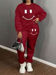 Plus Size Women's Cute Face Print Crew Neck Long Sleeve Sweatshirt And Sweatpants Casual Set, Suitable For Autumn/Winter Home, Sports And Leisure Wear, Comfortable And Warm. - Burgundy - View 4