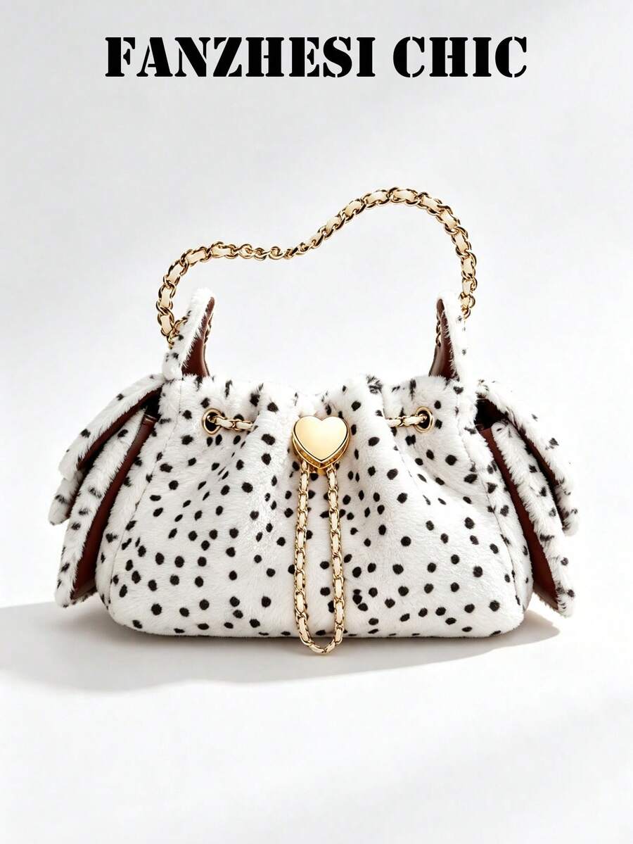 Polka Dot Plush Drawstring Bucket Bag With Heart Metal Lock Chain Handbag, Ruffle Edges On Both Sides, Sweet Girl Style Women's Crossbody Small Bag - White - View 1