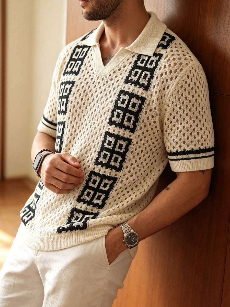 Men's Unisex POLO Collar Knit Sweater, Daily Commute Casual Versatile Colorblock High-End Four-Grid Minimalist Loose Short Sleeve V-Neck POLO Collar Knit Top, Spring/Summer - Apricot - View 1