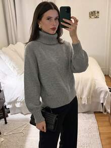 女款休閒秋冬純色灰色高領長袖落肩套頭毛衣/日常辦公通勤穿搭 - 灰色 - 查看 6