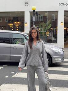 FOR BEAUTY Fall Winter Women Lounge Sets Y2K Cozy Grey Cable Knit Two Pieces Set Lapel Collar Sweaters Loose Wide Leg Pants Vacation Outfits - Light Grey - View 4