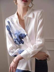 YUXIN Women's Elegant Printed Shirt, Collared Long Sleeve Button Front Regular Fit Polyester Blouse, Autumn Fashion - Blue and White - View 4