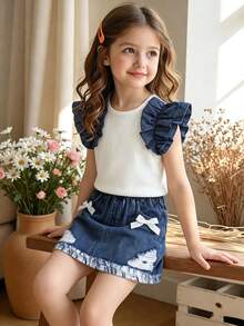 Girl's Summer Two Pieces Set, White Ribbed Top With Vintage Ruffle Bell Sleeves, White Bow Vintage Elastic Waist Skirt, Children's Everyday Casual Wear - Blue and White - View 2