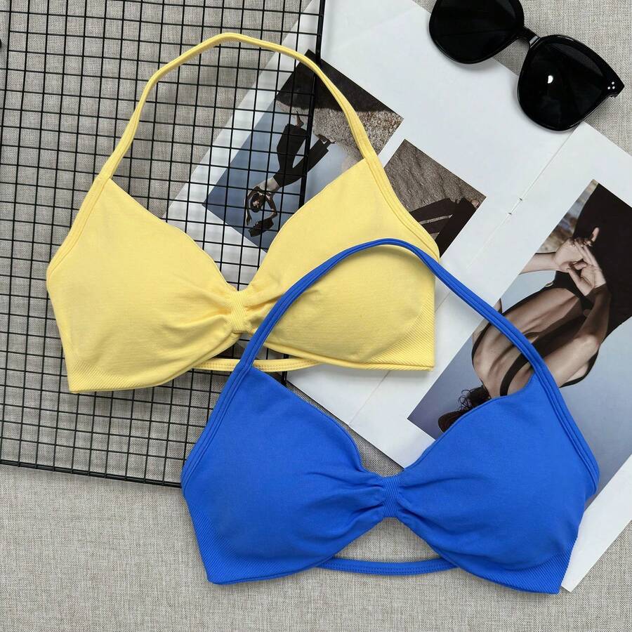 2 piezas Sujetador deportivo popular para mujer con tirantes finos, espalda descubierta y cuello halter, soporte ligero, top corto sin costuras, sujetador de yoga fruncido con almohadillasíbles - Caqui - Ver 1