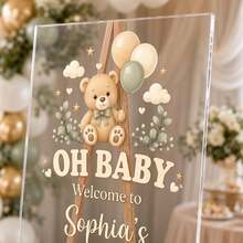 Personalized Teddy Bear Acrylic Welcome Sign, Neutral Baby Shower Decor - Multicolor - View 5