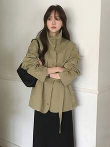 Autumn Casual Stand Collar Belted Trench Coat Jacket - Color - View 3