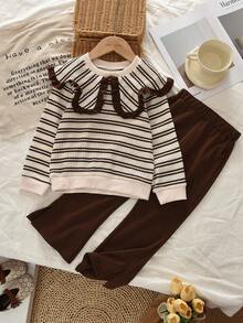 bearleader Girls Autumn 2 Pieces Outfit, Brown And White Oversized Collar Long Sleeve Sweatshirt With Solid Color Casual Flare Pants - Brown - View 1