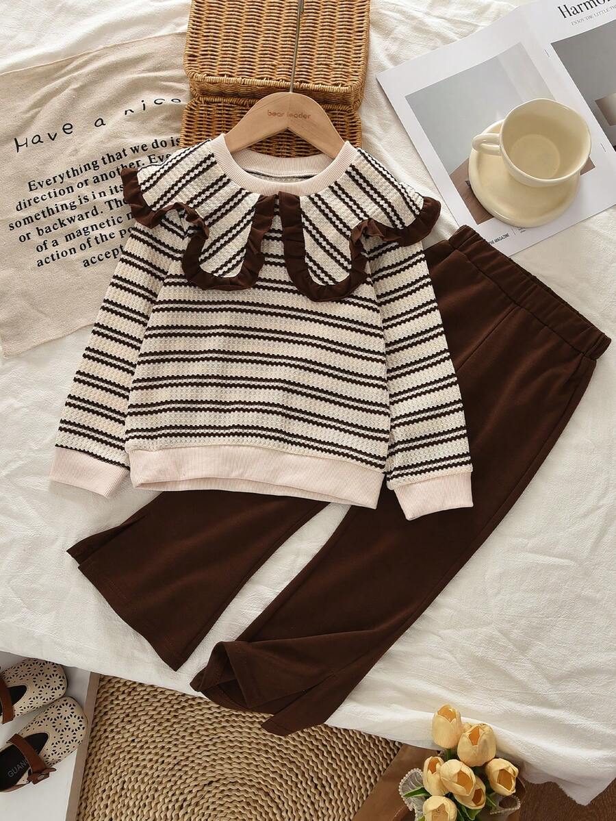 bearleader Girls Autumn 2 Pieces Outfit, Brown And White Oversized Collar Long Sleeve Sweatshirt With Solid Color Casual Flare Pants - Brown - View 1