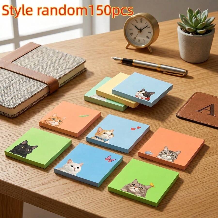150pcs Cute Macaron Color Cat Sticky Notes (Random Pattern), Exquisite IG Style Memo Pad For Journaling Collage, Office Desk Memo - one-size - View 1